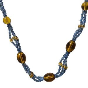 Vintage Seed Beaded Necklace Blue Yellow Beads Twist Design Fashion Jewelry